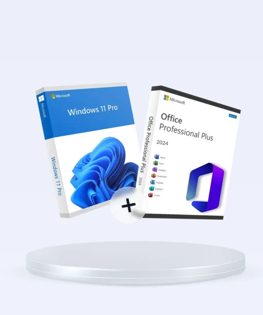 Two software boxes—Windows 11 Professional + Office 2024 Professional Plus—float above a white circular platform, separated by a plus sign.