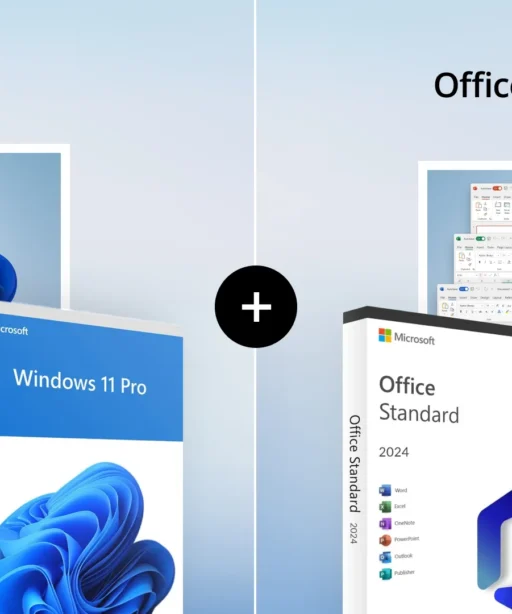 Two software boxes: Windows 11 Professional + Office 2024 Standard are shown—Windows 11 Pro with its blue swirl logo on the left, Office 2024 Standard with a purple icon on the right, and a plus sign in the center indicating a bundle.