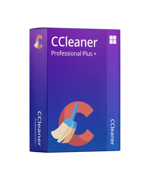 A blue and purple retail box for CCleaner Professional Plus+, featuring a large letter C with a broom icon and the CCleaner logo on the front and side.