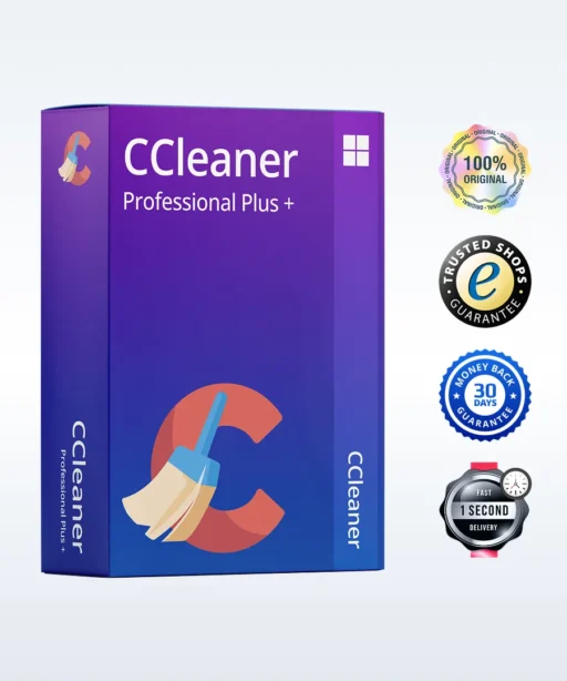A purple CCleaner Professional Plus+ software box is shown on the left. On the right are four badges: 100% Original, Trusted Shops Guarantee, 30-Day Money Back Guarantee, and 1-Second Delivery.