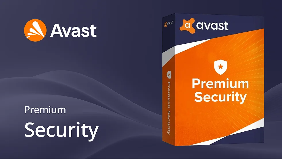 Image of an Avast Premium Security software box with the Avast logo and branding on a dark wavy background, displaying the text Premium Security.