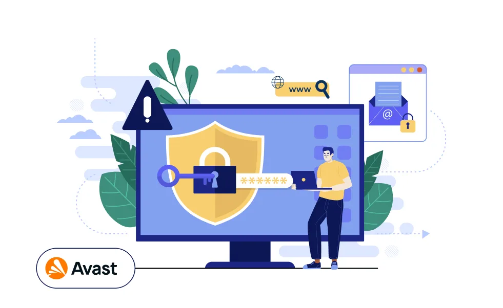 Illustration of a person holding a laptop in front of a computer screen displaying a shield, padlock, and key, symbolizing cybersecurity. Avast logo is in the corner. Email and web security icons are also shown.
