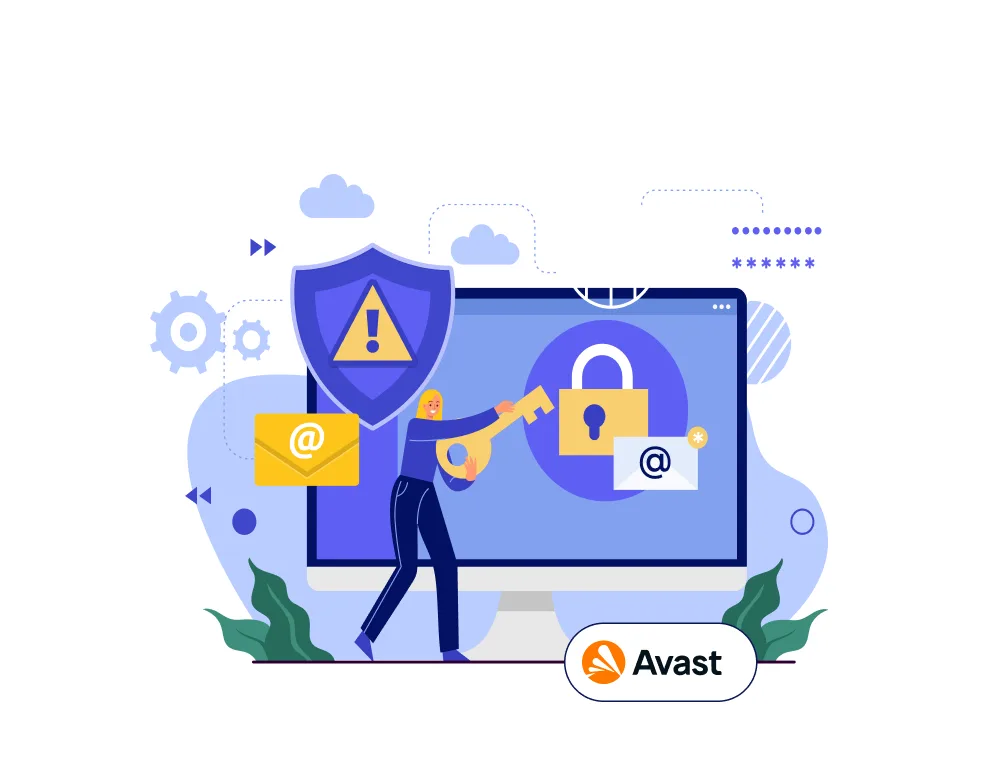 Illustration of a person holding a large key in front of a computer screen displaying a lock, shield with a warning symbol, email icons, and security elements. Avast logo appears at the bottom.