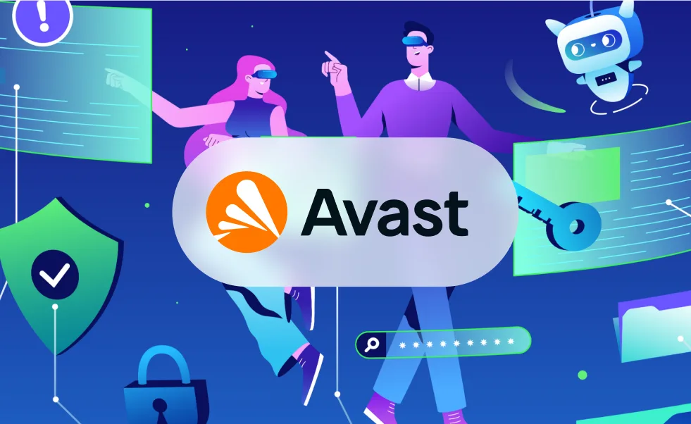 Two people wearing VR headsets stand surrounded by digital icons, including a shield, padlock, robot, and key. The Avast logo is prominently displayed in the center. The background is blue and futuristic.