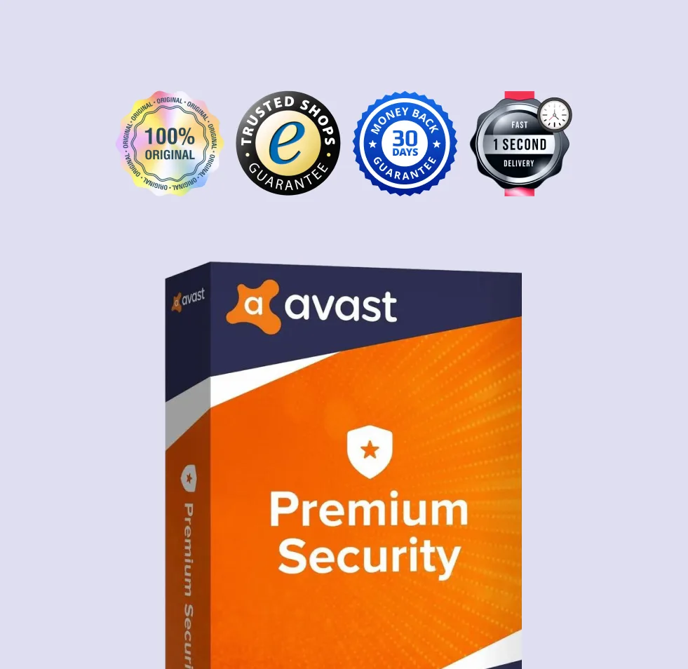 A box of Avast Premium Security software with four badges above it displaying: 100% original, Trusted Shops guarantee, 30 days money back guarantee, and fast 1 second delivery.