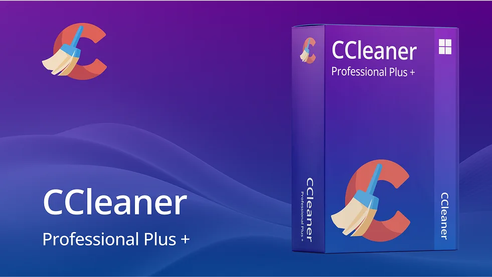 CCleaner Professional Plus+ software box on a purple and blue gradient background, featuring the CCleaner logo with a broom and the product name in bold white text.