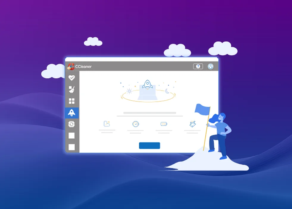 Illustration of a CCleaner software window floating against a purple background with clouds, showing a rocket icon, while a person stands on a hill holding a flag in the lower right corner.