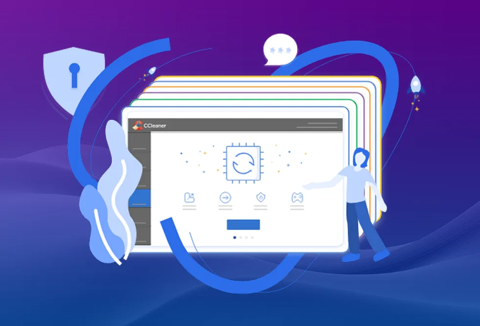 Illustration of a person pointing at a computer window with a spinning chip icon, surrounded by abstract shapes, security shield, and chat bubble on a gradient purple background.