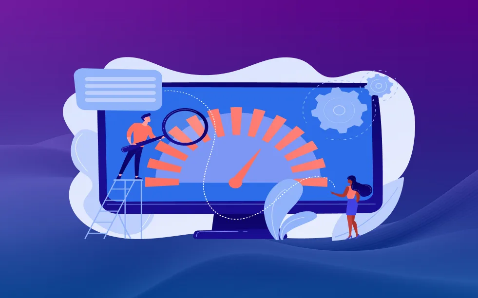 Illustration of two people analyzing a large computer screen displaying a speedometer gauge, gears, and data settings, symbolizing performance optimization or speed improvement, with a purple gradient background.