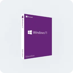 A purple retail box for Windows 11 Education edition by Microsoft, featuring the Windows logo and branding on the front and spine, set against a light gray background.