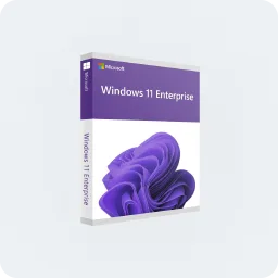 A retail box of Microsoft Windows 11 Enterprise, featuring a purple-themed design with the Windows 11 logo and text on the front.
