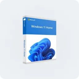 A retail box of Microsoft Windows 11 Home is shown. The box features the Windows 11 logo, a blue abstract design, and the product name on a white and blue background.