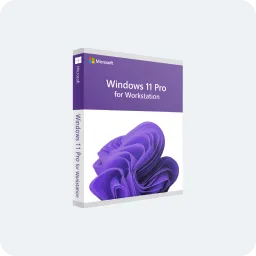 Box for Microsoft Windows 11 Pro for Workstations, featuring a purple design with the Windows 11 logo and branding on the front.