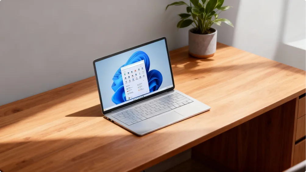 A silver laptop displaying the Windows 11 home screen sits on a wooden desk next to a potted green plant in a sunlit room.