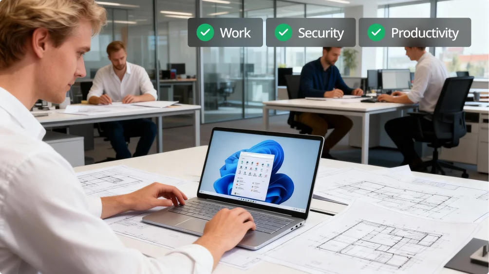 A man works on a laptop displaying Windows 11 at a desk covered with architectural drawings, while two colleagues work in the background. Three icons read “Work,” “Security,” and “Productivity” above them.