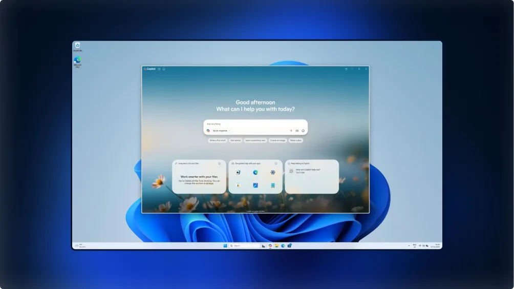 A computer screen displays Windows 11 with an open Copilot AI assistant window in the center, showing a greeting, a search bar, and several option cards, all set against a blue abstract wallpaper background.