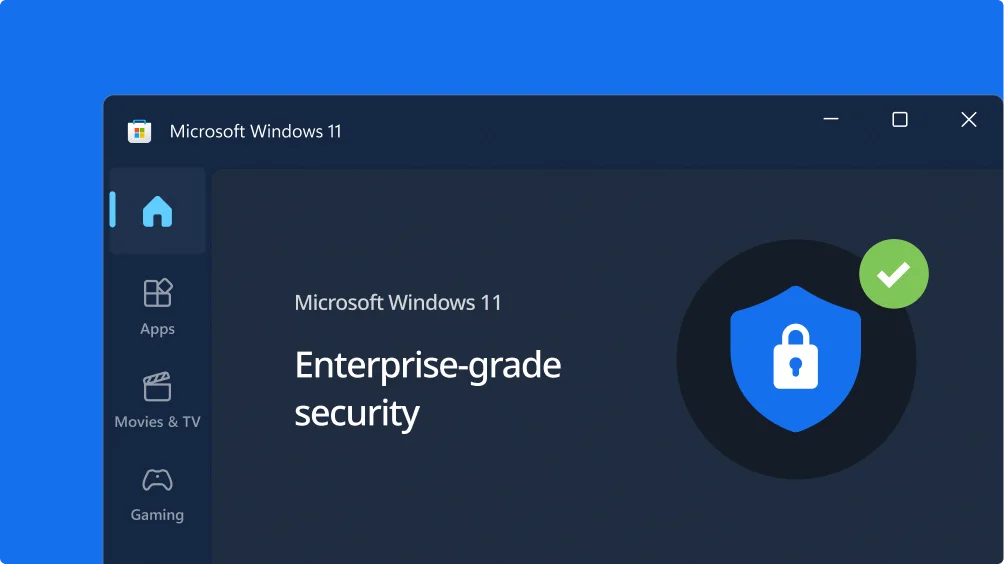 A screenshot of Microsoft Windows 11 interface highlighting Enterprise-grade security with a shield and padlock icon and a green check mark on a dark background. The sidebar shows icons for Home, Apps, Movies & TV, and Gaming.