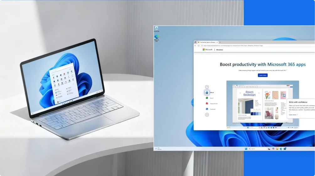 A silver laptop displaying the Windows 11 start menu sits on a white curved table; next to it is a digital screenshot showing a Microsoft 365 productivity webpage on the Windows 11 desktop.