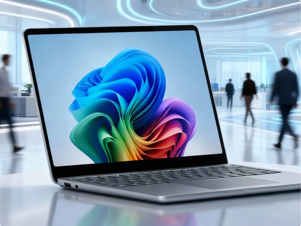 A sleek laptop displaying a colorful abstract wallpaper is open on a desk in a modern, futuristic office with people walking in the blurred background.