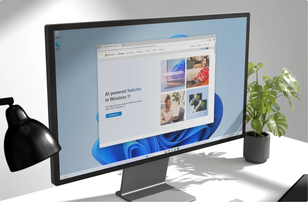 A computer monitor displays a webpage about AI-powered features in Windows 11, showing images of people using laptops. The setup includes a desk lamp, a plant, and a light-toned background.