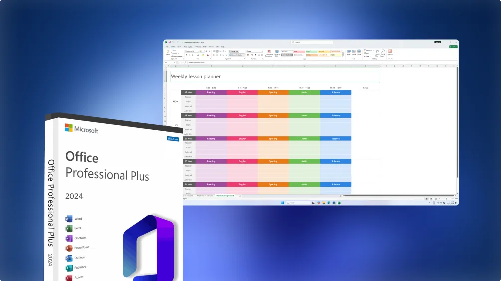 A digital image shows Microsoft Office Professional Plus 2024 software box on the left, with an Excel spreadsheet of a colorful weekly lesson planner open on a computer screen in the background, against a blue gradient backdrop.