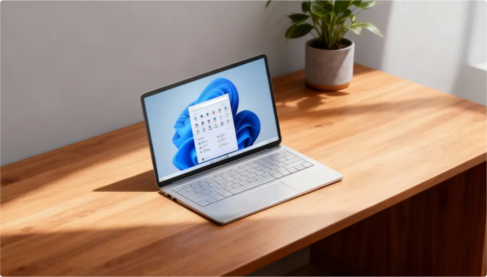A sleek silver laptop sits open on a wooden desk near a potted plant, displaying the Windows 11 home screen. Natural light illuminates the scene from the left.