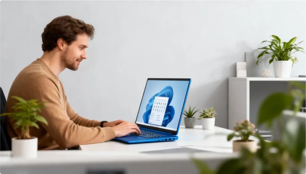 A man sits at a white desk using a blue laptop, surrounded by potted plants in a bright, modern office space with shelves and decor in the background.