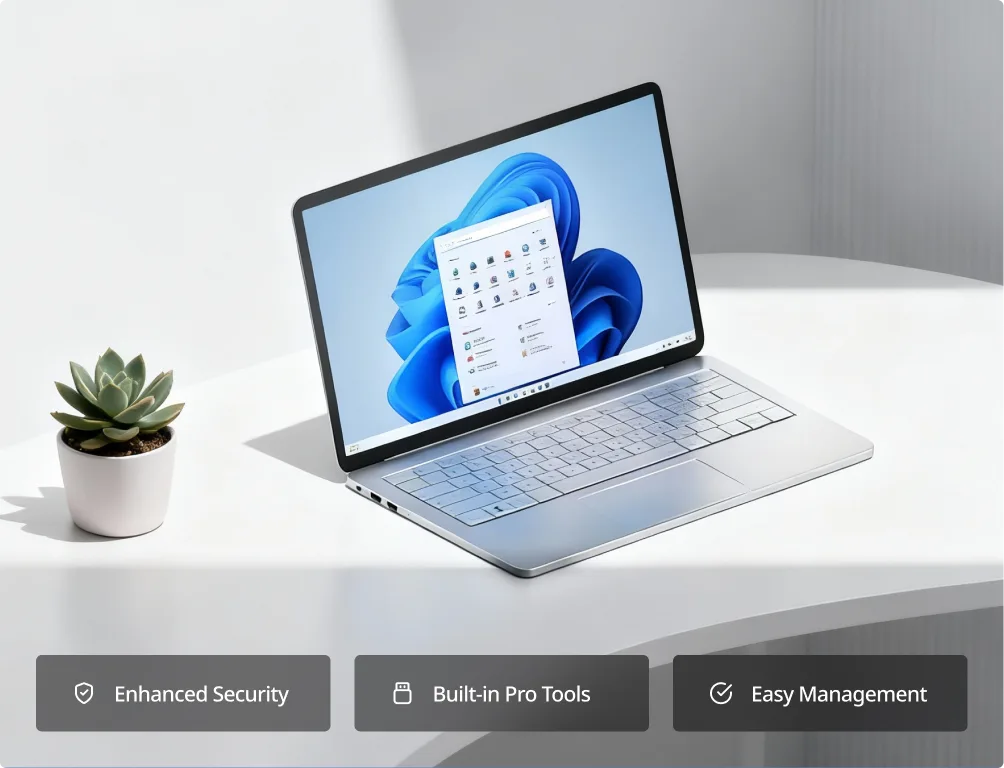 A silver laptop displaying the Windows 11 home screen sits on a white table next to a small potted succulent. Text below highlights enhanced security, built-in pro tools, and easy management features.