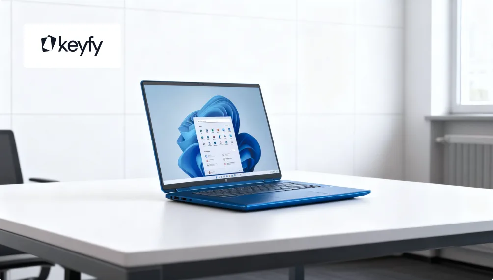 A blue laptop displaying the Windows 11 start menu sits on a white desk in a bright, modern office. The Keyfy logo is visible in the top left corner of the image.