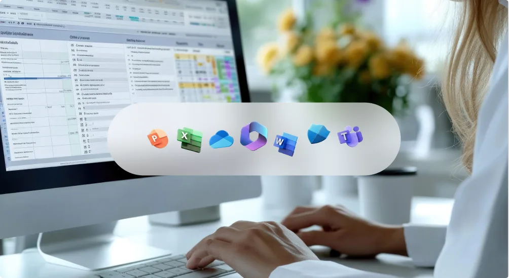 Woman working on a laptop with icons of Microsoft Office 2024 applications