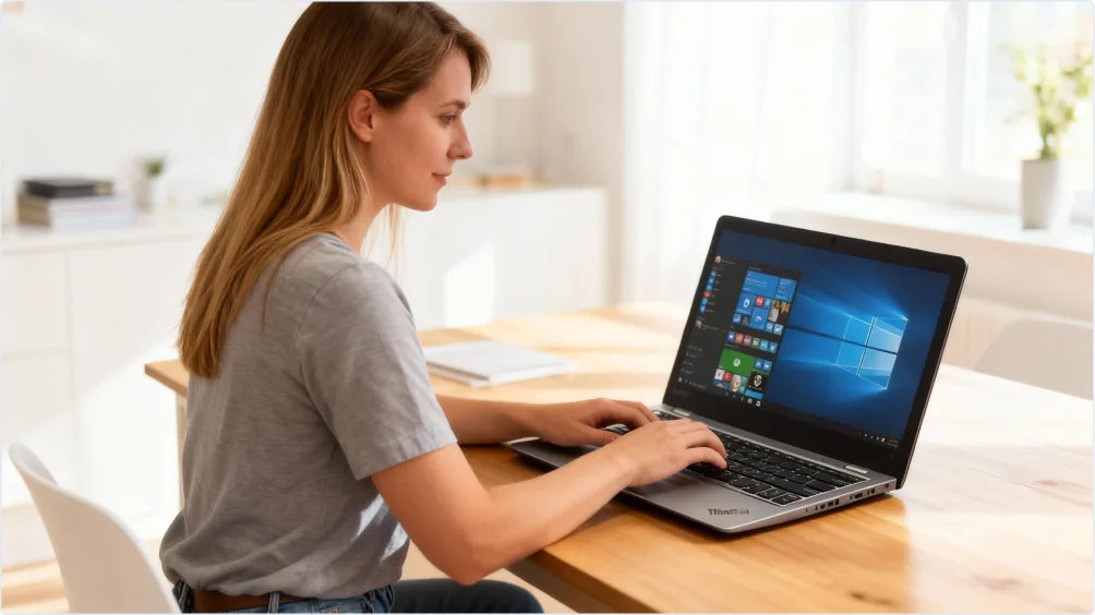 A woman sits at a wooden table using a laptop running Windows 10 in a bright, modern room with sunlight streaming through the windows.