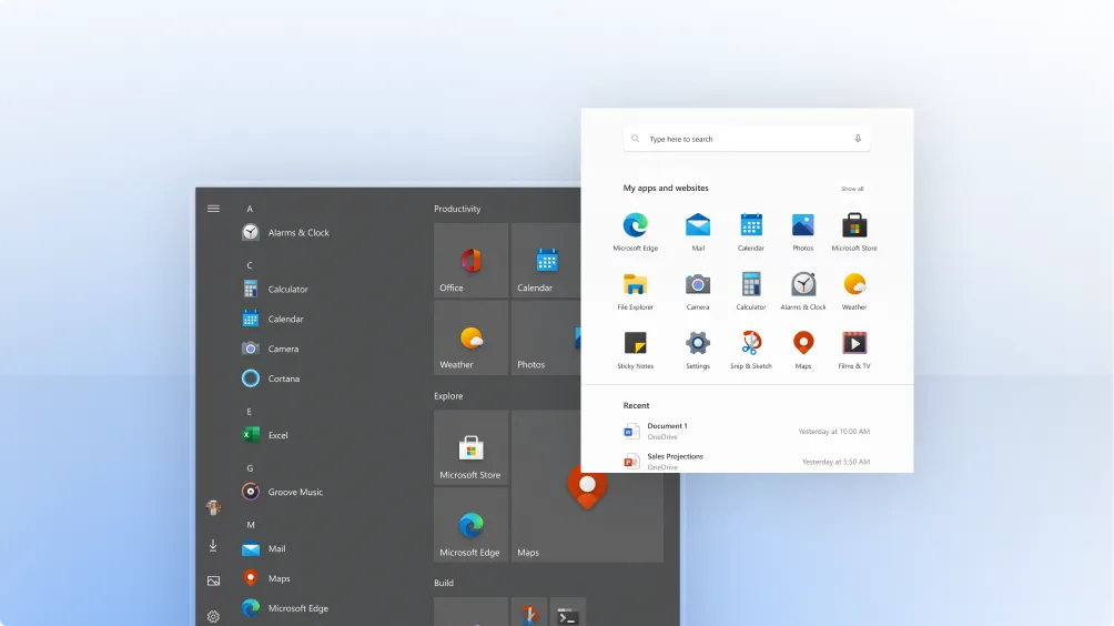 A computer screen shows two versions of the Windows Start menu: the classic dark gray menu on the left and a modern, white redesigned menu overlaying it, displaying app icons and recent documents.