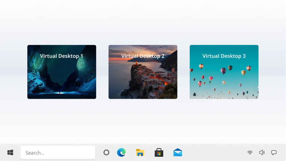 A Windows taskbar is shown at the bottom, with three virtual desktop previews above it labeled Virtual Desktop 1, Virtual Desktop 2, and Virtual Desktop 3, each displaying different background images.
