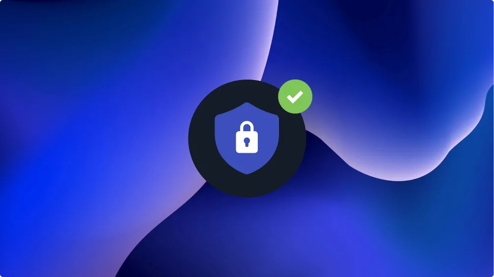 A padlock icon inside a shield is centered on a dark circular background, with a green checkmark in the top right corner, against a blue and purple abstract background.