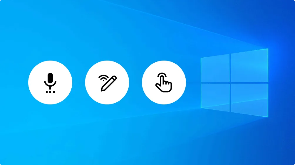 A blue Windows background with three white circles showing black icons: a microphone, a pen with a wireless signal, and a hand tapping, representing different input methods.