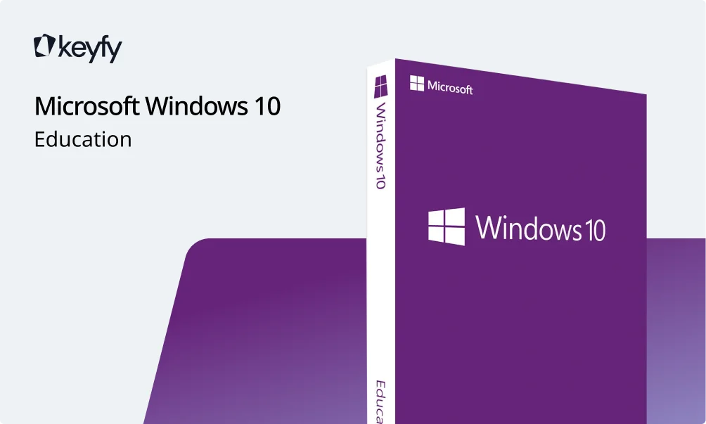 A purple Microsoft Windows 10 Education software box is displayed on the right, with Microsoft Windows 10 Education written on the left side of the image. The keyfy logo appears in the top left corner.