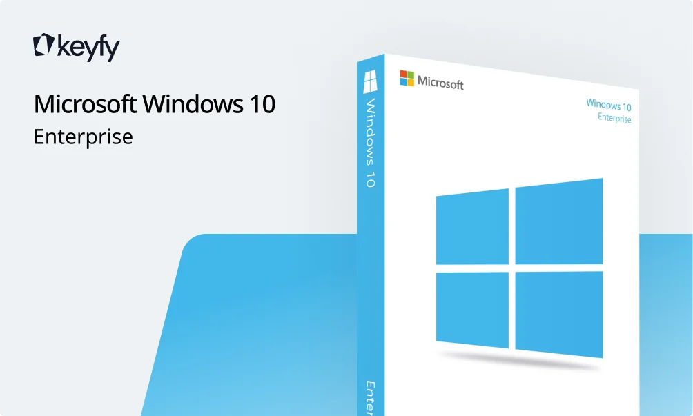 A promotional image for Microsoft Windows 10 Enterprise, featuring the software box with the Windows logo and branding, alongside the keyfy logo and text on a light background.