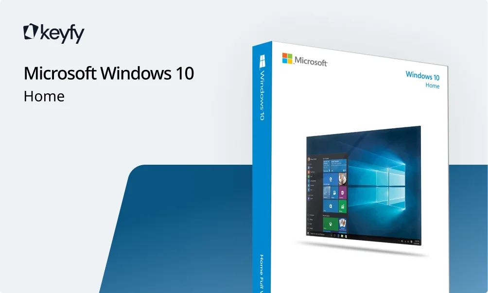 A retail box of Microsoft Windows 10 Home is shown on a blue and gray background with the Keyfy logo at the top left.