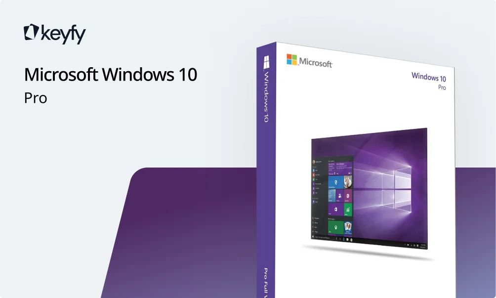 A promotional image features the Keyfy logo, Microsoft Windows 10 Pro text, and a box displaying Microsoft Windows 10 Pro packaging with a screenshot of the Windows 10 home screen.
