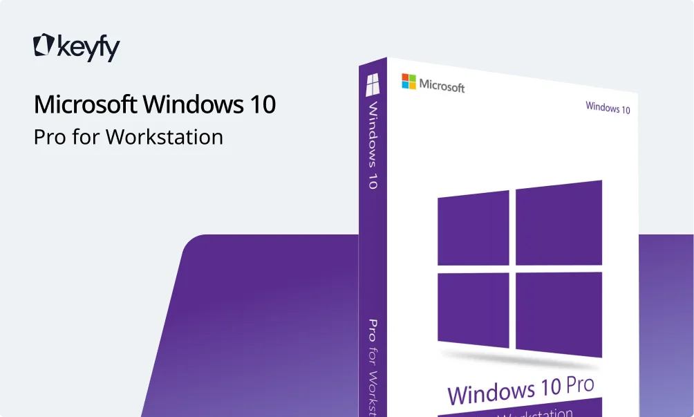A promotional image displays a Microsoft Windows 10 Pro for Workstation software box with the Windows logo, next to the text “Microsoft Windows 10 Pro for Workstation” and the keyfy logo in the top left corner.