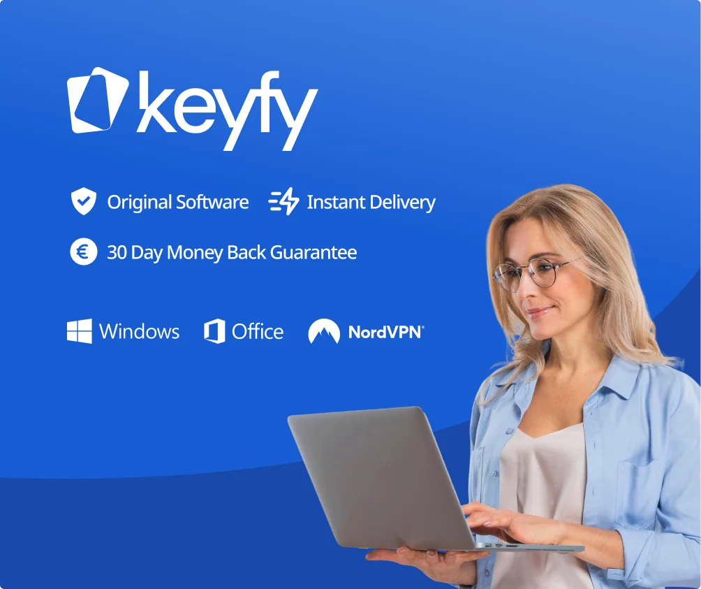 A woman with glasses uses a laptop against a blue background with the Keyfy logo and icons for original software, instant delivery, 30-day money-back guarantee, Windows, Office, and NordVPN.