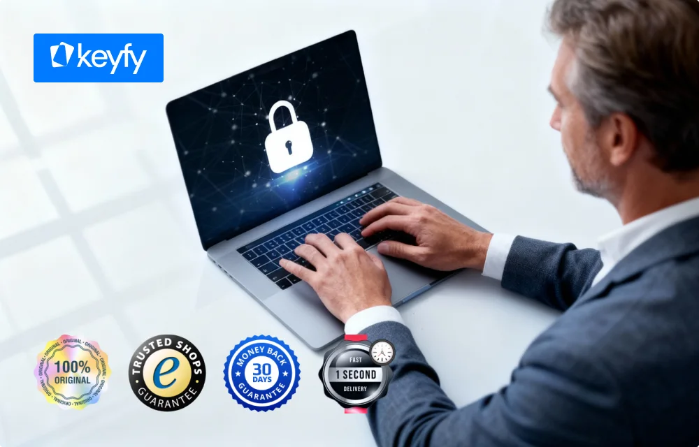 A man in a suit types on a laptop displaying a padlock symbol, representing security. Logos for originality, trusted shop, money-back guarantee, and fast delivery are visible at the bottom. The Keyfy logo is in the top left.