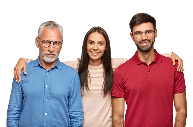 Three people stand close together, smiling at the camera. The man on the left wears glasses and a blue shirt, the woman in the middle wears a light pink shirt, and the man on the right wears glasses and a red polo shirt.