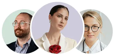 Three people in circular frames: a bearded man with glasses on the left, a woman in a white outfit with a red flower in the center, and a blonde woman with glasses wearing a lab coat on the right.