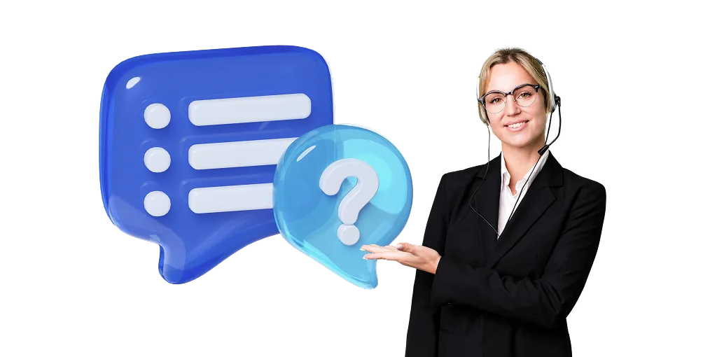 A woman in business attire stands smiling and gesturing toward large blue chat and question mark icons, representing communication and inquiry. The background is transparent.