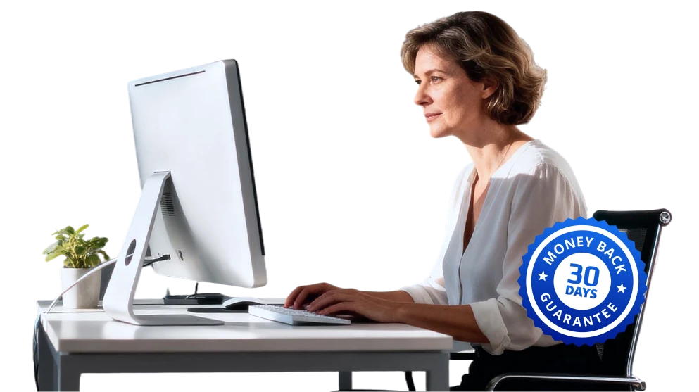 A woman sits at a desk working on a computer, with a small plant beside her monitor. A blue “30 days money back guarantee” badge is displayed in the lower right corner of the image.