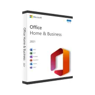Box packaging of Microsoft Office Home & Business 2021 with icons for Word, Excel, PowerPoint, Outlook, and OneNote on a white background. The Microsoft logo and product name are also visible on the box.