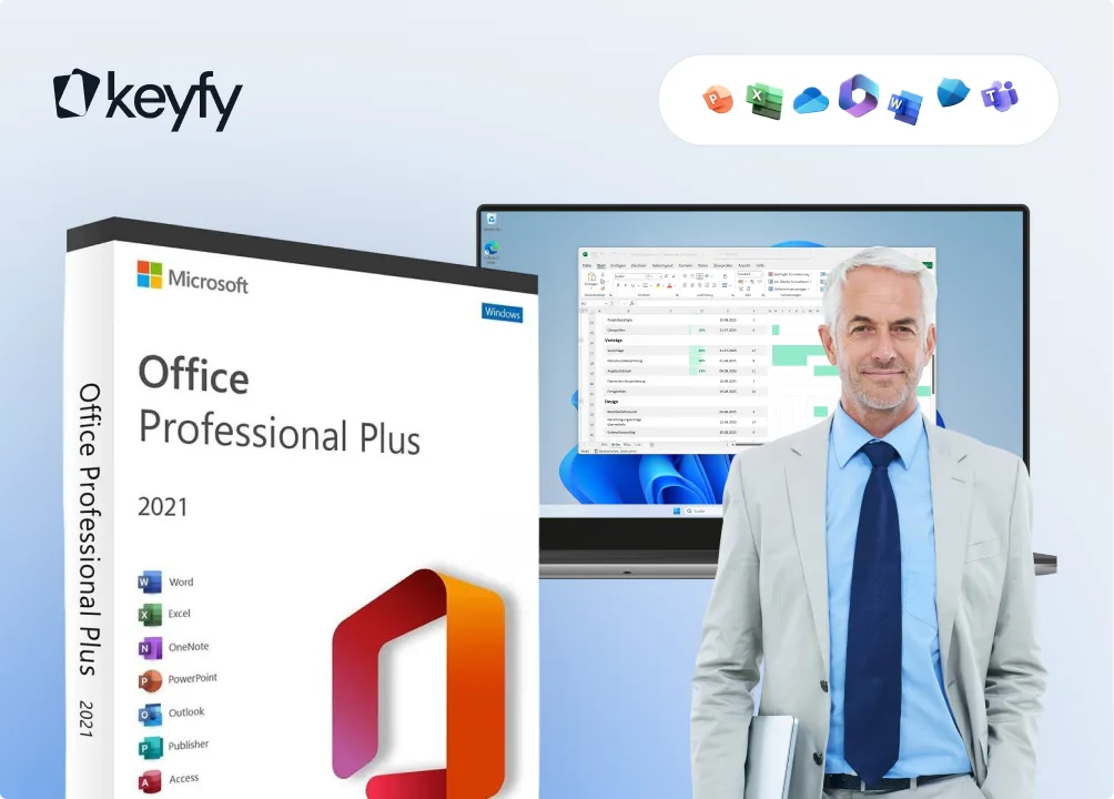 A mature man in a suit stands in front of a laptop displaying a spreadsheet. Beside him is a Microsoft Office Professional Plus 2021 box. The keyfy logo and Office app icons appear at the top of the image.