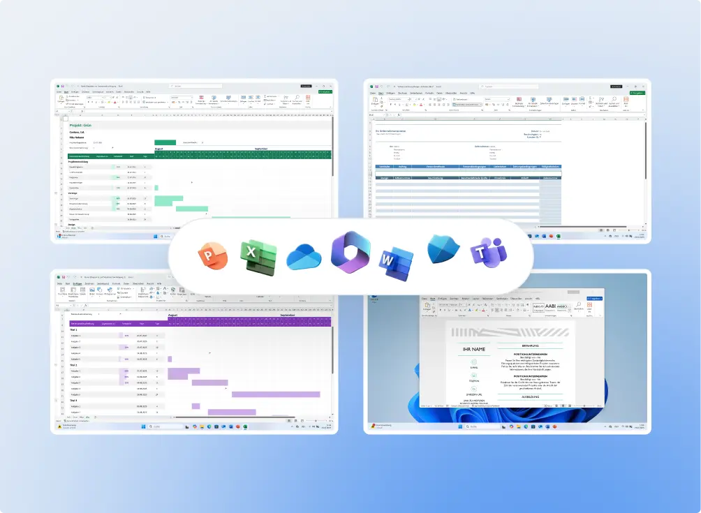 Four screenshots of Microsoft Office apps (Excel, Word) displaying spreadsheets and documents, with icons for PowerPoint, Excel, OneDrive, Word, Outlook, OneNote, and Teams in the center on a blue gradient background.