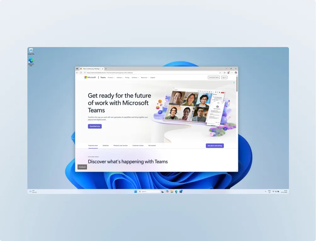 A Windows desktop displays a web browser open to the Microsoft Teams website, showing a banner with people in a video call and text about working with Microsoft Teams. The Windows 11 wallpaper is visible in the background.